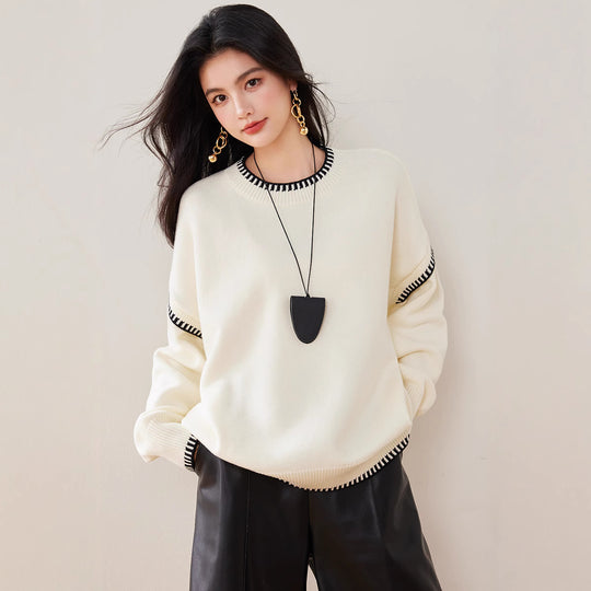 Damen Übergroßer Strickpullover mit Kontrastbündchen R&B
