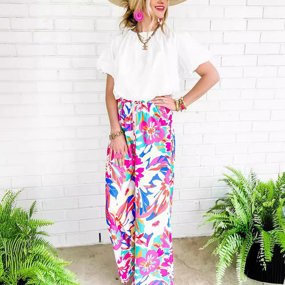 Damen weite Palazzo-Hose mit buntem Blumenmuster und elastischem Bund R&B