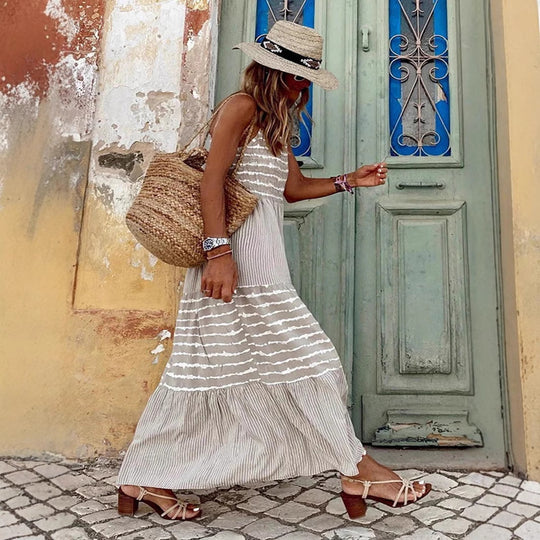 Damen Sommerliches Maxikleid mit gestreiftem Design und komfortablem Rückenausschnitt R&B
