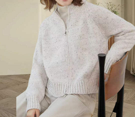 Damen lässiger Strickjacke mit hochgeschlossenem Reißverschluss und voluminösen Ärmeln R&B