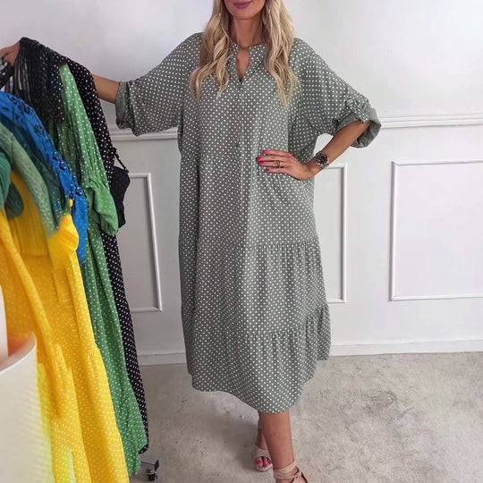 Damen nan leichtes fließendes Midikleid mit Pünktchenmuster, Stufenrock und krempelbaren Ärmeln R&B