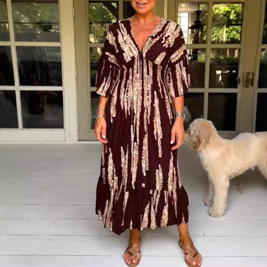 Damen nan Maxikleid mit V-Ausschnitt, vertikalem Pinselprint, geraffter Unterbrustnaht und stufigem Volantrock R&B