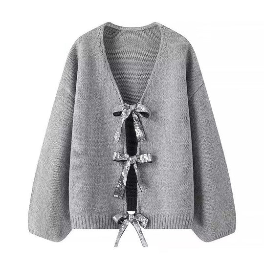 Damen luftige Strickjacke mit Schimmerndem Bindegürtel R&B
