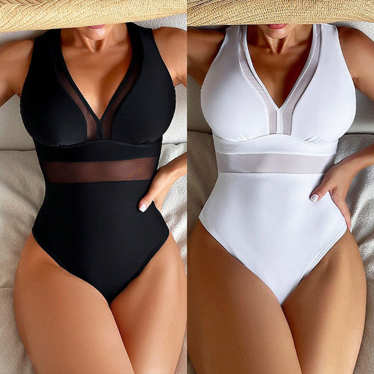 Damen Einteiliger Badeanzug mit tiefem V-Ausschnitt und figurformendem Design R&B