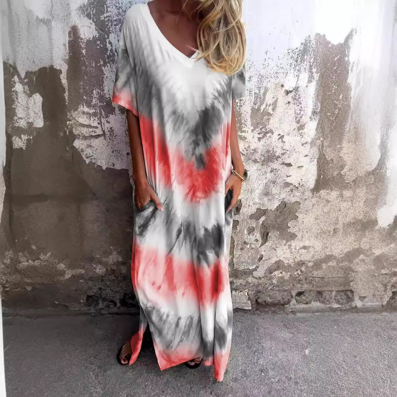 Damen Maxikleid mit lässigem V-Ausschnitt und praktischen Taschen R&B