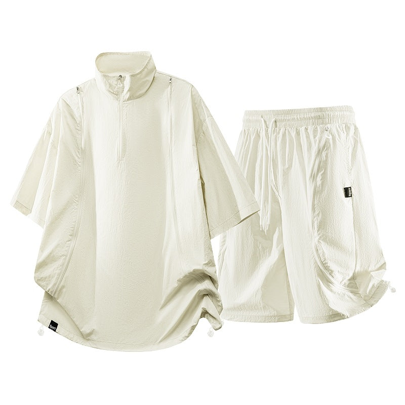 Herren nan oversized sportliches Freizeit-Set mit Halbzip, Stehkragen und elastischen Cargo-Shorts R&B