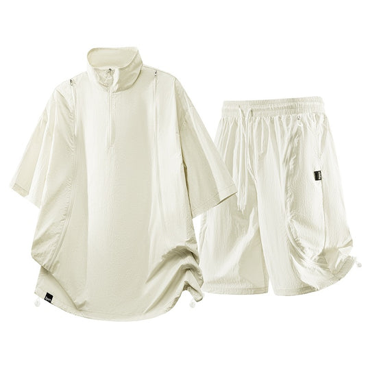 Herren nan oversized sportliches Freizeit-Set mit Halbzip, Stehkragen und elastischen Cargo-Shorts R&B