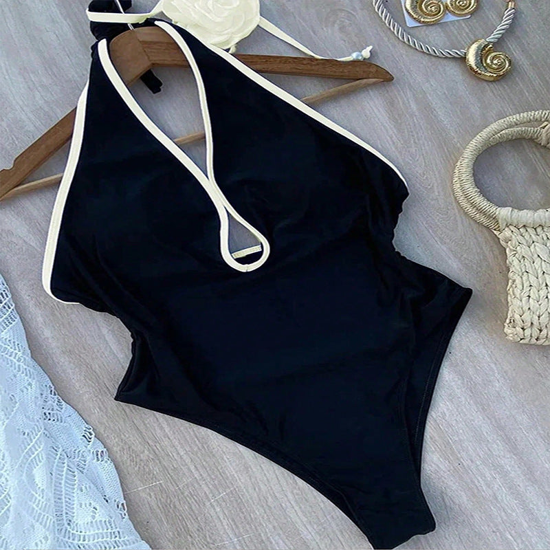 Damen Eleganter Hochgeschnittener Badeanzug mit floraler Applikation und tiefem V-Ausschnitt R&B
