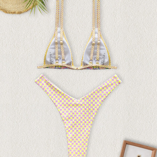 Damen Triangel-Bikini mit buntem Patchwork-Muster R&B