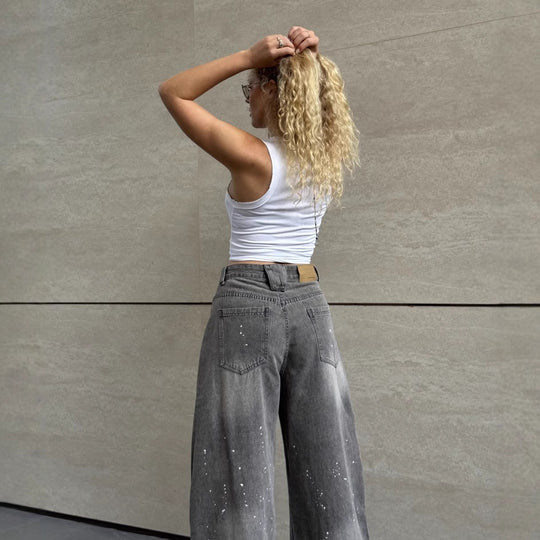 Damen Weite High-Waist Jeans mit kreativen Farbklecksen R&B