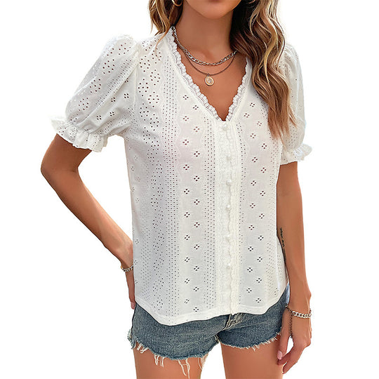 Damen Bluse mit zarter Stickerei und modernen Puffärmeln R&B