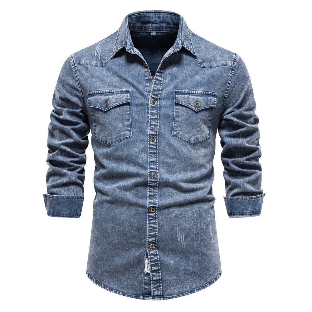 Herren Denim Hemdbluse mit zwei Brusttaschen und geschmackvollen Stickereien
