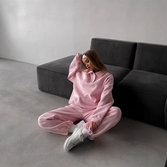 Damen lässiges Sweatshirt- und weite Jogginghose-Set mit modernem Kragen R&B