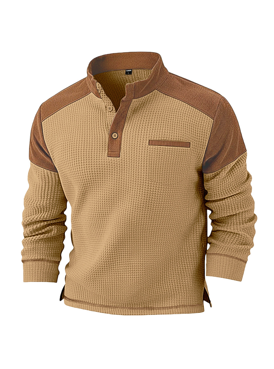 Herren nan Waffelstrick-Henley mit Stehkragen, Cord-Schulterpasse und Brustpaspel R&B