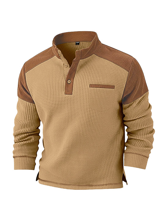 Herren nan Waffelstrick-Henley mit Stehkragen, Cord-Schulterpasse und Brustpaspel R&B