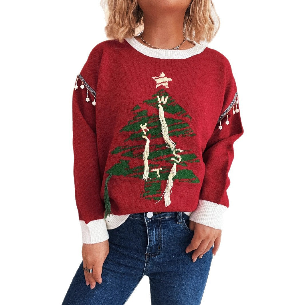 Damen Weihnachts-Pullover mit festlichem Baum-Motiv und edlen Details R&B