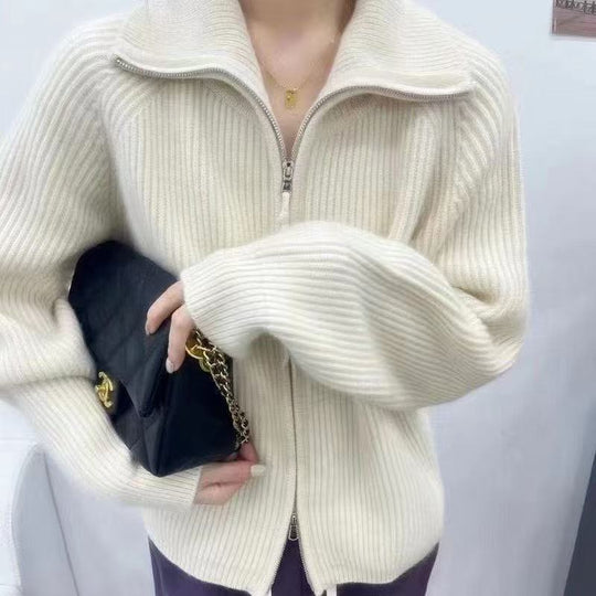 Damen Strickjacke mit hohem Kragen und durchgehendem Reißverschluss R&B