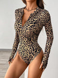 Damen Langärmliger Body mit Leo-Muster und tiefem Ausschnitt R&B