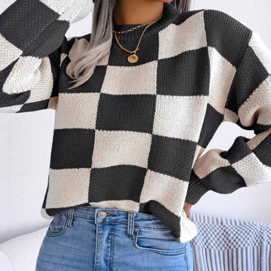 Damen Gemusterter Strickpullover mit Karomuster und modischem Rundhalsausschnitt R&B