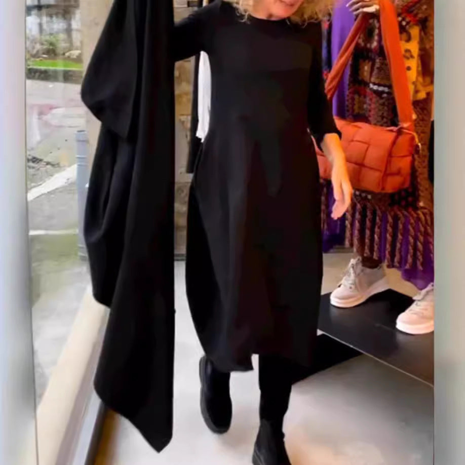 Damen nan asymmetrisches Ballonkleid mit dreiviertelärmeln, seitlichen Eingrifftaschen und fließendem Zipfelsaum R&B