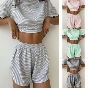 Damen lässiges Crop-Top und Short-Set mit gestreiftem Muster