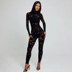 Damen Figurnahes Netz-Jumpsuit mit langem Arm und hohem Kragen R&B