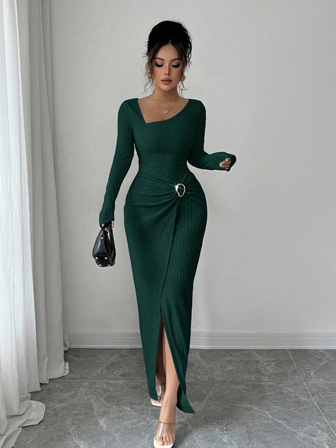 Damen nan figurbetontes Maxikleid aus geripptem Strick mit Wickeldetail und Schlitz R&B