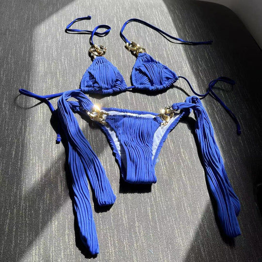 Damen Triangel-Bikini mit plissierten Details und goldenen Akzenten R&B