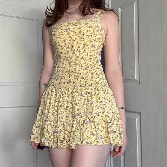 Damen Blumiges A-Linien Sommerkleid mit Rüschensaum und Spaghettiträgern R&B
