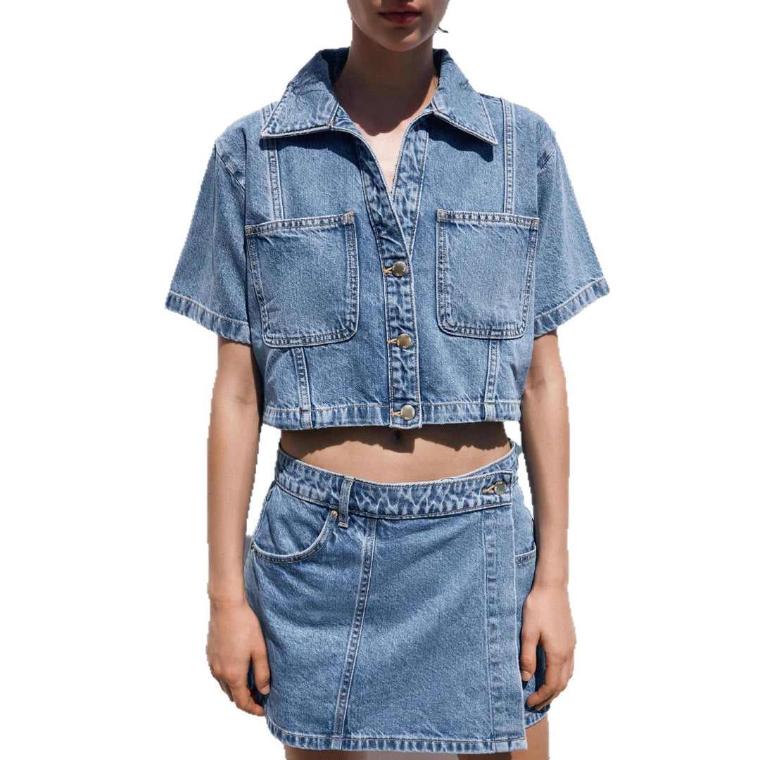 Damen Denim-Crop-Jacke mit praktischen Taschen und modernem Design R&B