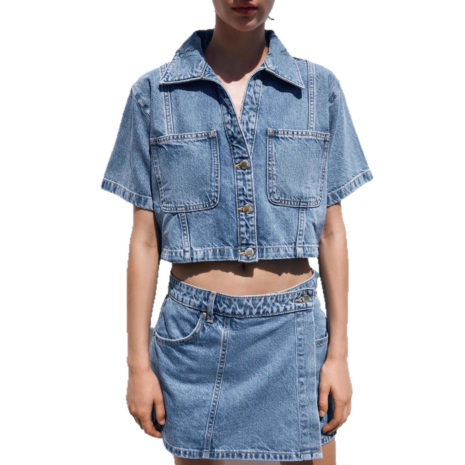 Damen Denim-Crop-Jacke mit praktischen Taschen und modernem Design R&B