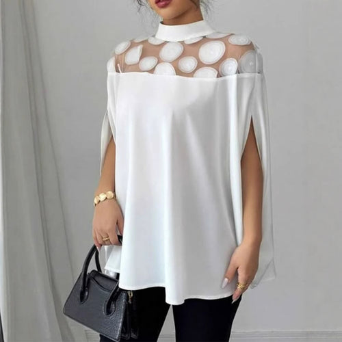 Damen nan elegante Tunika-Bluse mit Stehkragen, transparenter Rund-Applikationspasse und Cape-Ärmeln R&B