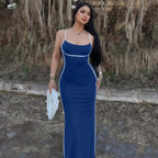 Damen elegantes Maxikleid mit schmalen Trägern und figurformendem Schnitt R&B