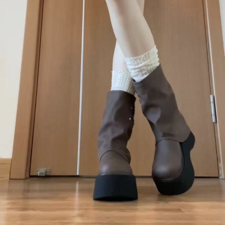Damen Modische Plateau-Stiefel mit coolem Riemen-Design und innovativer Reißverschlussöffnung R&B