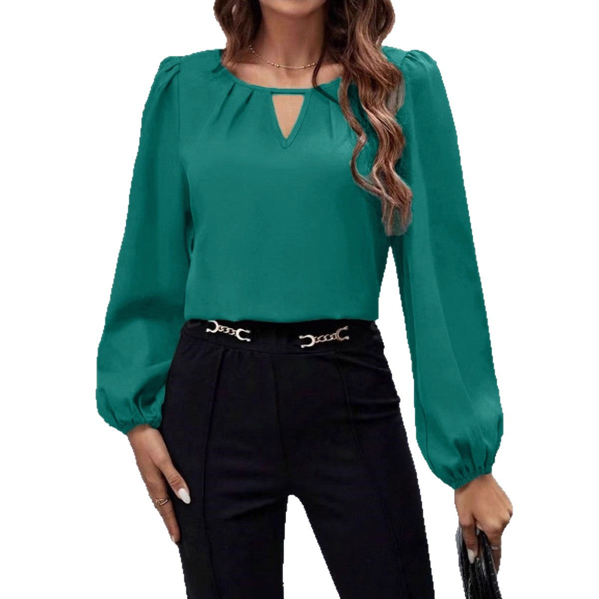 Damen elegante Bluse mit modischem Schlüsselausschnitt und raffinierten Puffärmeln R&B