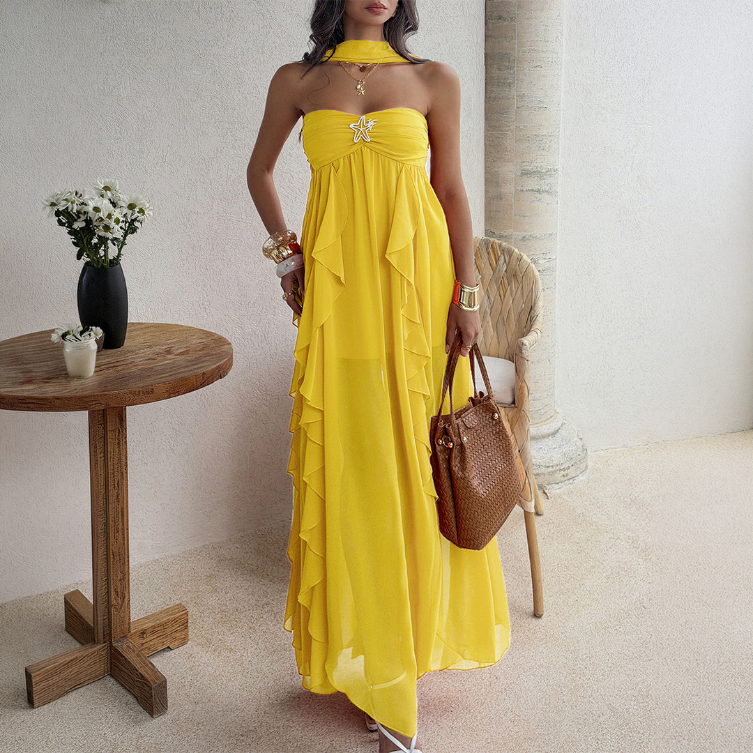Damen Maxikleid mit schwingendem Rüschendesign und elegantem Bustier R&B