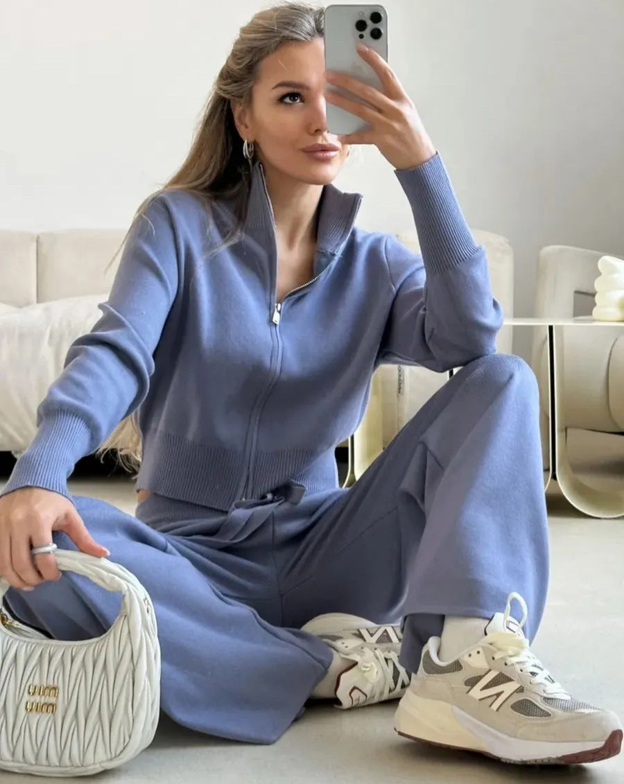 Damen nan gestricktes Loungewear-Zweiteiler mit kurzem Reißverschluss-Cardigan und weitem Highwaist-Hosenbein R&B