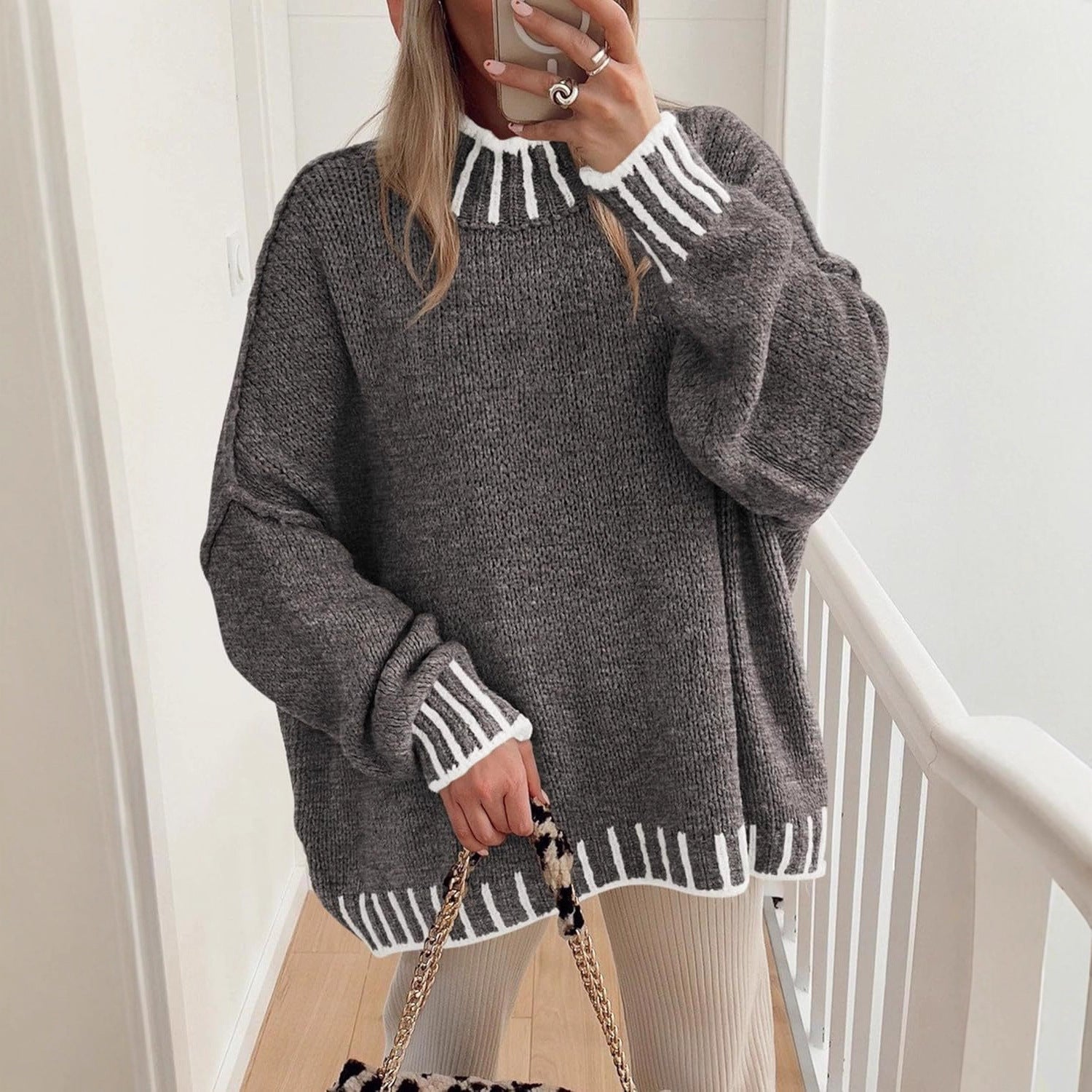 Damen lässiger Grobstrickpullover mit modernem Streifenmuster R&B