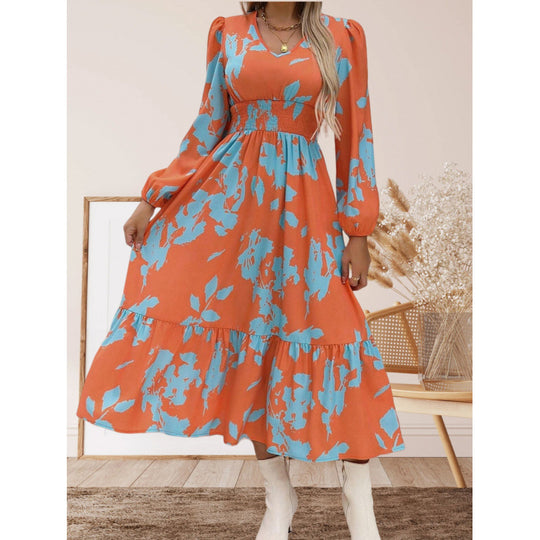 Damen Langarm Maxikleid mit floralen Mustern und voluminösen Ärmeln R&B