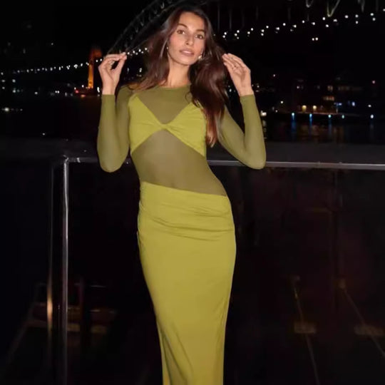 Damen Elegantes Maxikleid mit transparenten Einsätzen und Raffung R&B