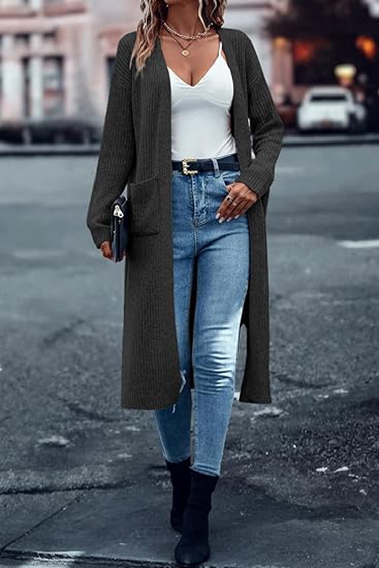 Damen Langer Strickcardigan mit tiefen Taschen und offenem Schnitt R&B