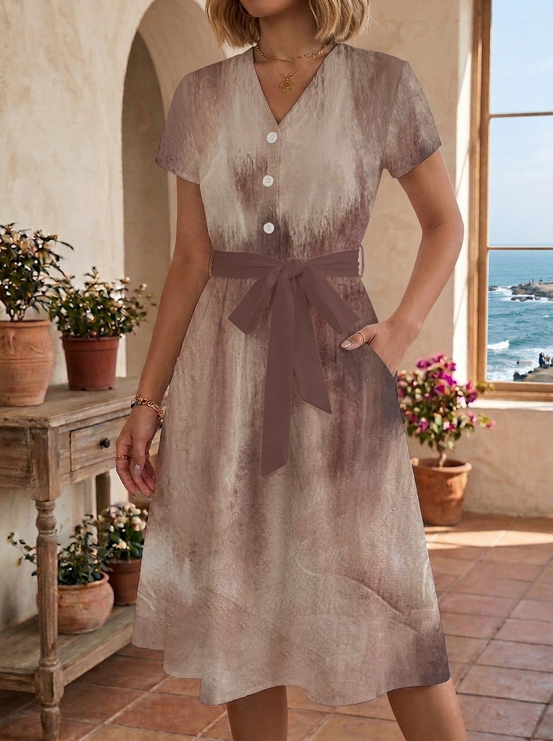 Damen Blühendes Midikleid mit taillierbarem Gürtel und kunstvollem Print R&B