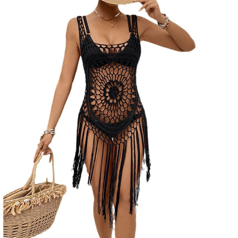 Damen Häkelstrandkleid mit dekorativen Fransen und offenem Schnitt R&B
