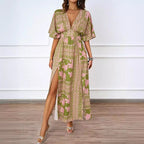 Damen Maxikleid im Boho-Stil mit tiefem V-Ausschnitt und seitlichem Schlitz R&B