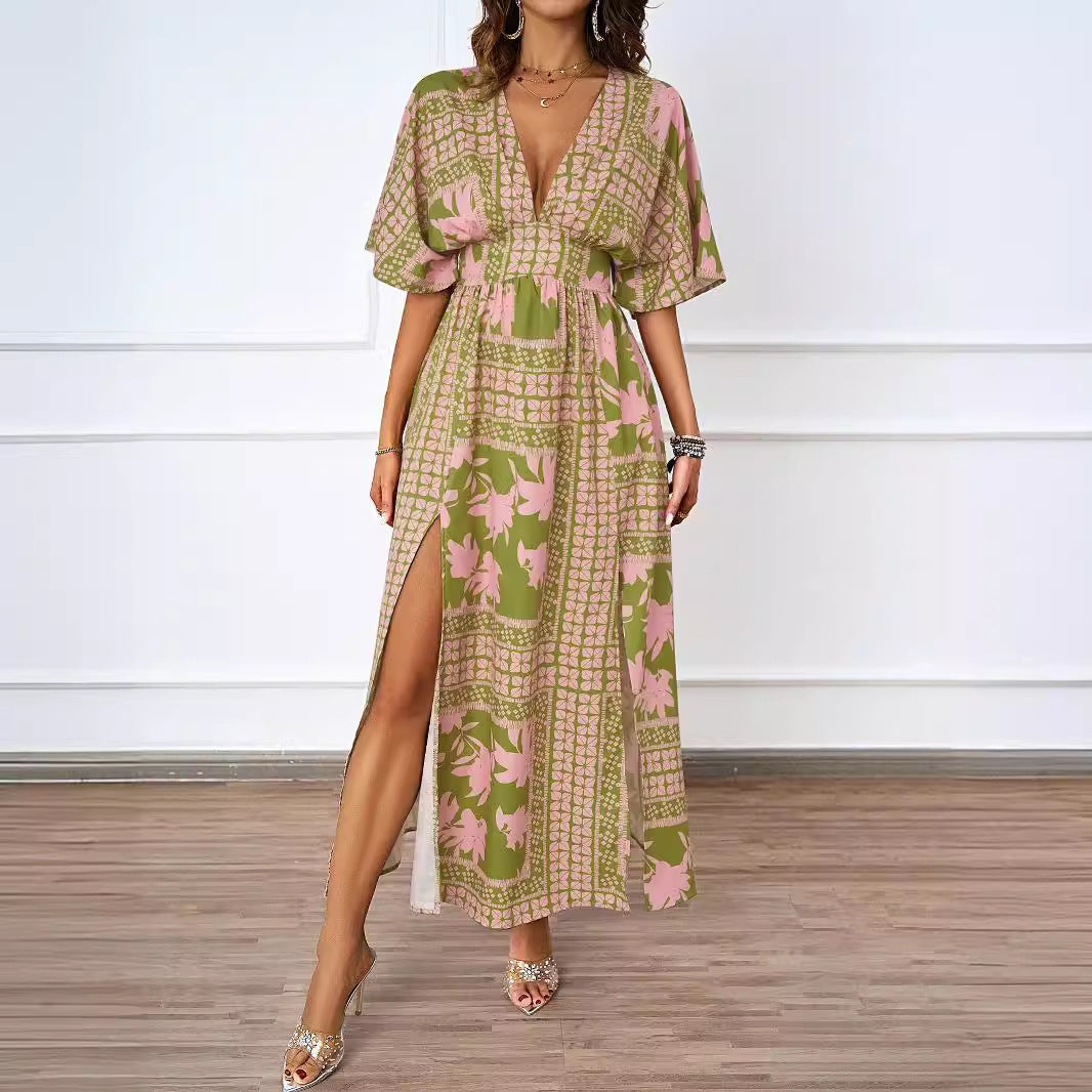 Damen Maxikleid im Boho-Stil mit tiefem V-Ausschnitt und seitlichem Schlitz R&B