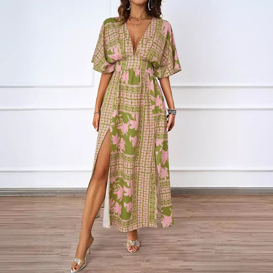 Damen Maxikleid im Boho-Stil mit tiefem V-Ausschnitt und seitlichem Schlitz R&B