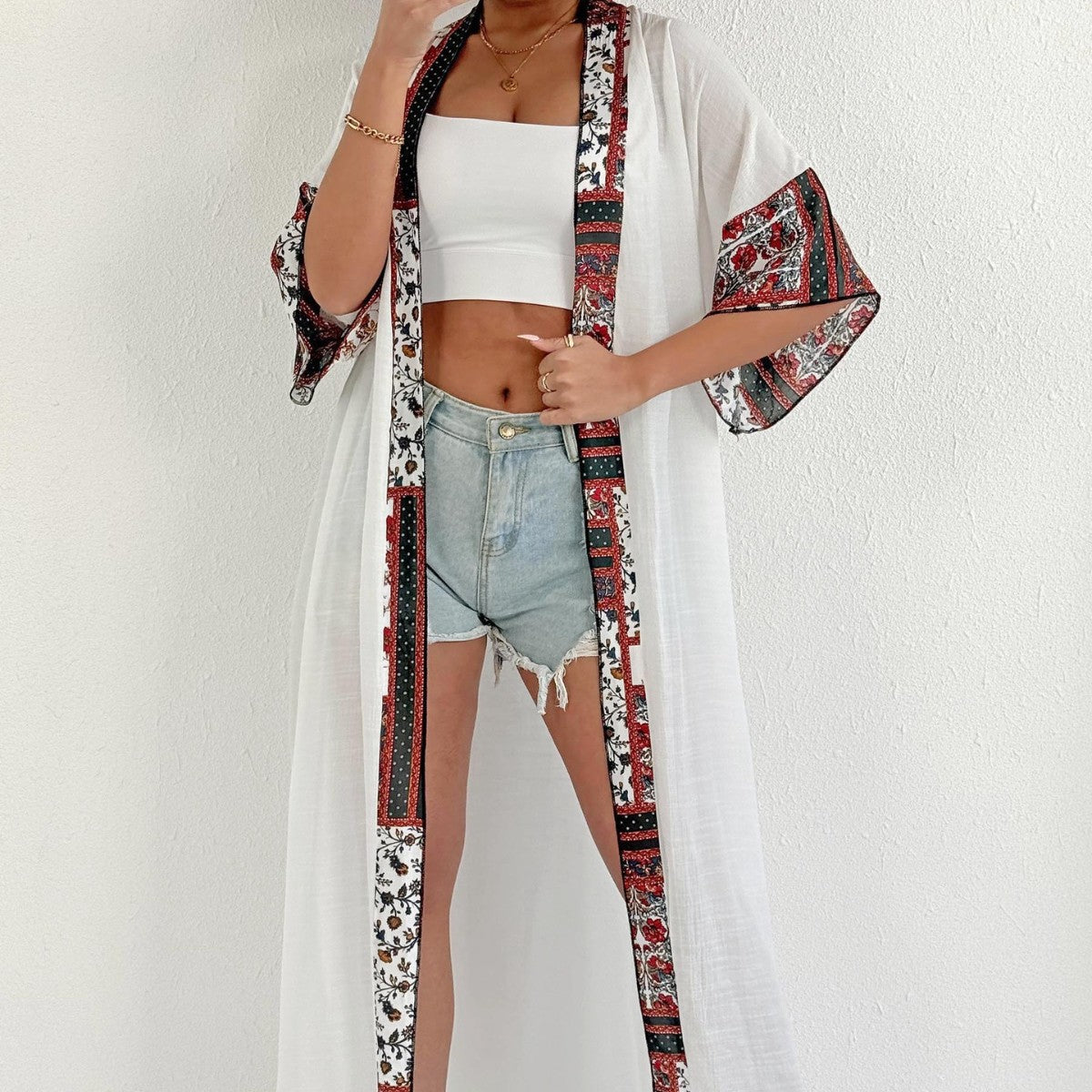 Damen eleganter, leichter Kaftan mit buntem Häkelbesatz R&B