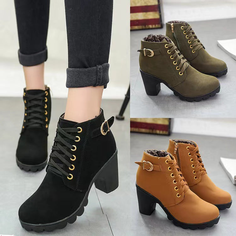 Damen Modische Stiefeletten mit trendigem Schnürung und stabilen Blockabsatz