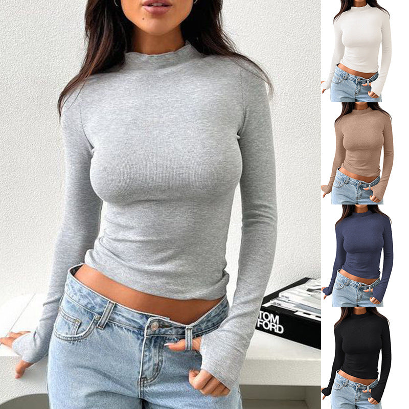 Damen hochwertiges Langarmshirt mit Stehkragen und feiner Rippstruktur R&B