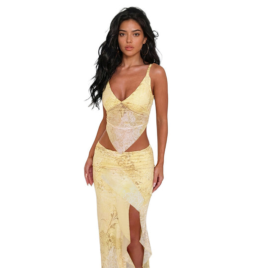Damen elegantes Wickelkleid mit transparenten Einsätzen und hohem Beinschlitz R&B
